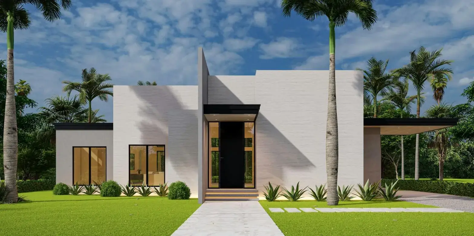 A modern white home with palm trees and a stone walkway